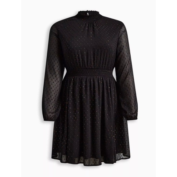 Size 3 (22-24) Torrid Black Mini Clip Dot Blouson Sleeve Dress - Picture 4 of 8